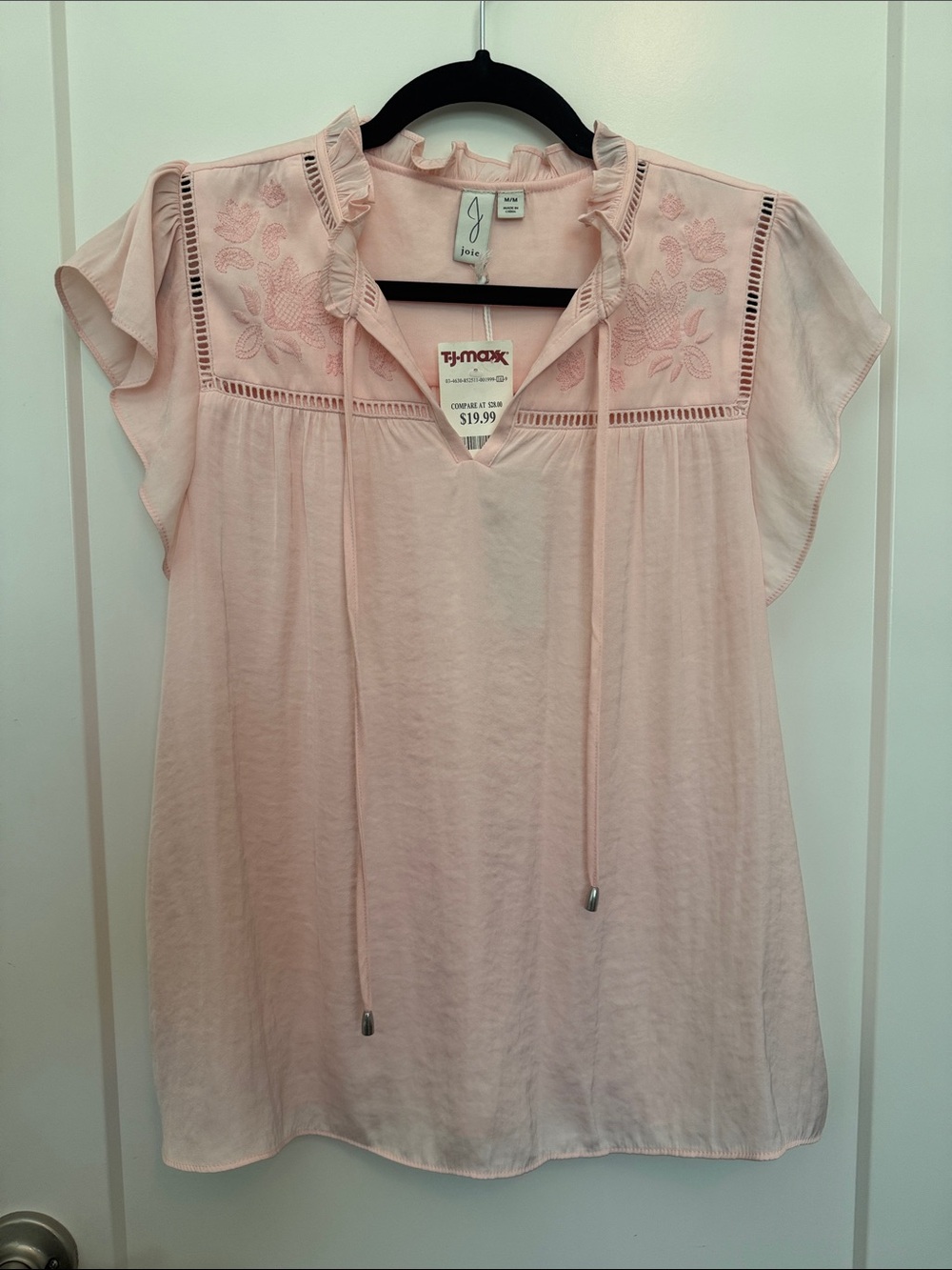 Joie Pale Blush Embroidered Tie-Neck Flutter Sleeve Blouse